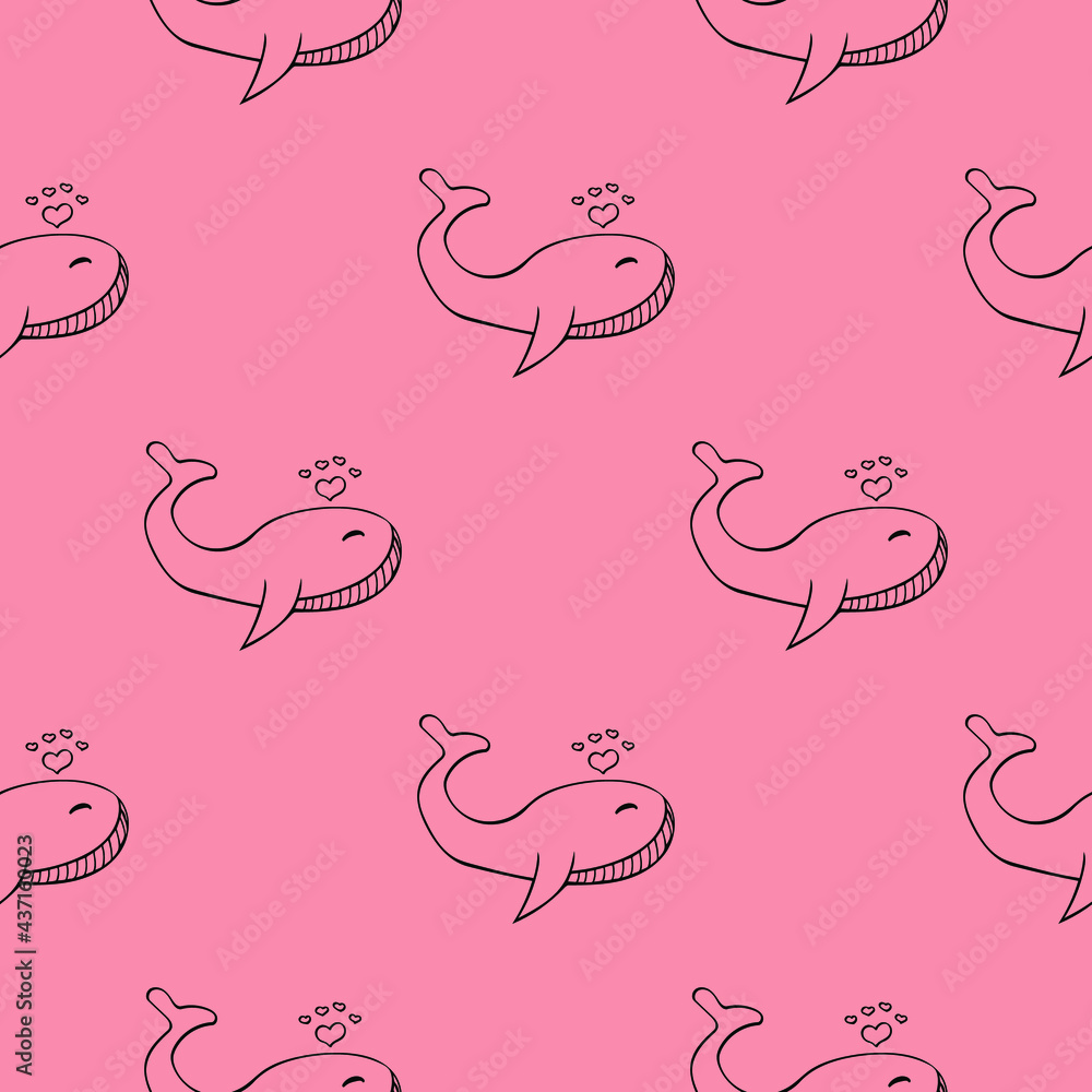 Cute and delicate seamless pattern with whales on pink background. Vector children's illustration for children's room design, clothing, gift wrapping paper.