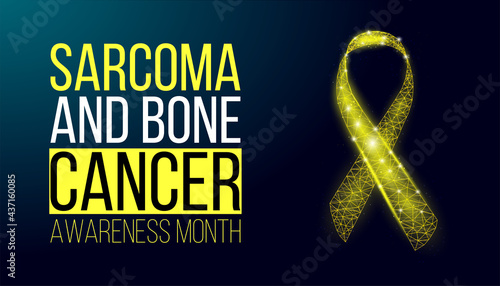 Sarcoma and bone cancer awareness month сoncept. Banner template with glowing low poly yellow ribbon. Wireframe modern abstract background. Vector illustration.