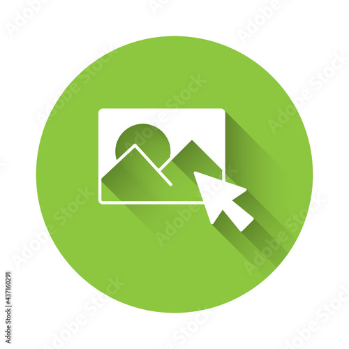 White Photo retouching icon isolated with long shadow. Photographer, photography, retouch icon. Green circle button. Vector