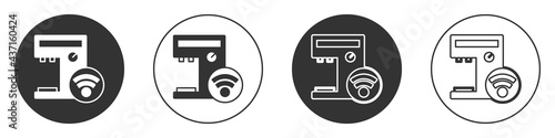 Black Smart coffee machine system icon isolated on white background. Internet of things concept with wireless connection. Circle button. Vector