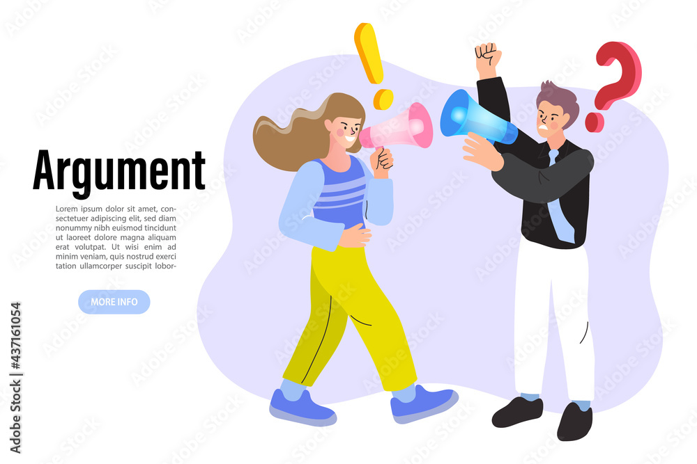 Arguments between man and woman. Quarrel in family. Work Conflict Between Colleagues or Worker Employees. Fight for Leadership. Vector Illustration. Arguments between man and woman. Quarrel in family. Work Conflict Between Colleagues or Worker Employees. Fight for Leadership. Vector Illustration.