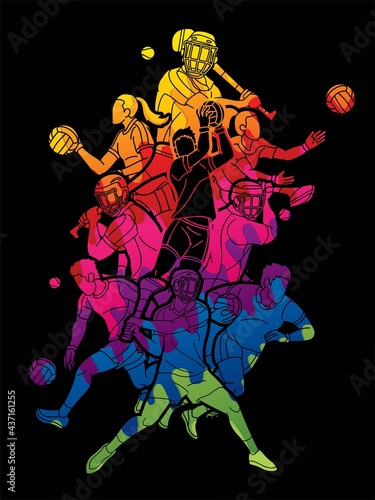 Gaelic Football and Hurling Sport Players Action Cartoon Graphic Vector