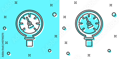 Black line Pressure water meter icon isolated on green and white background. Random dynamic shapes. Vector