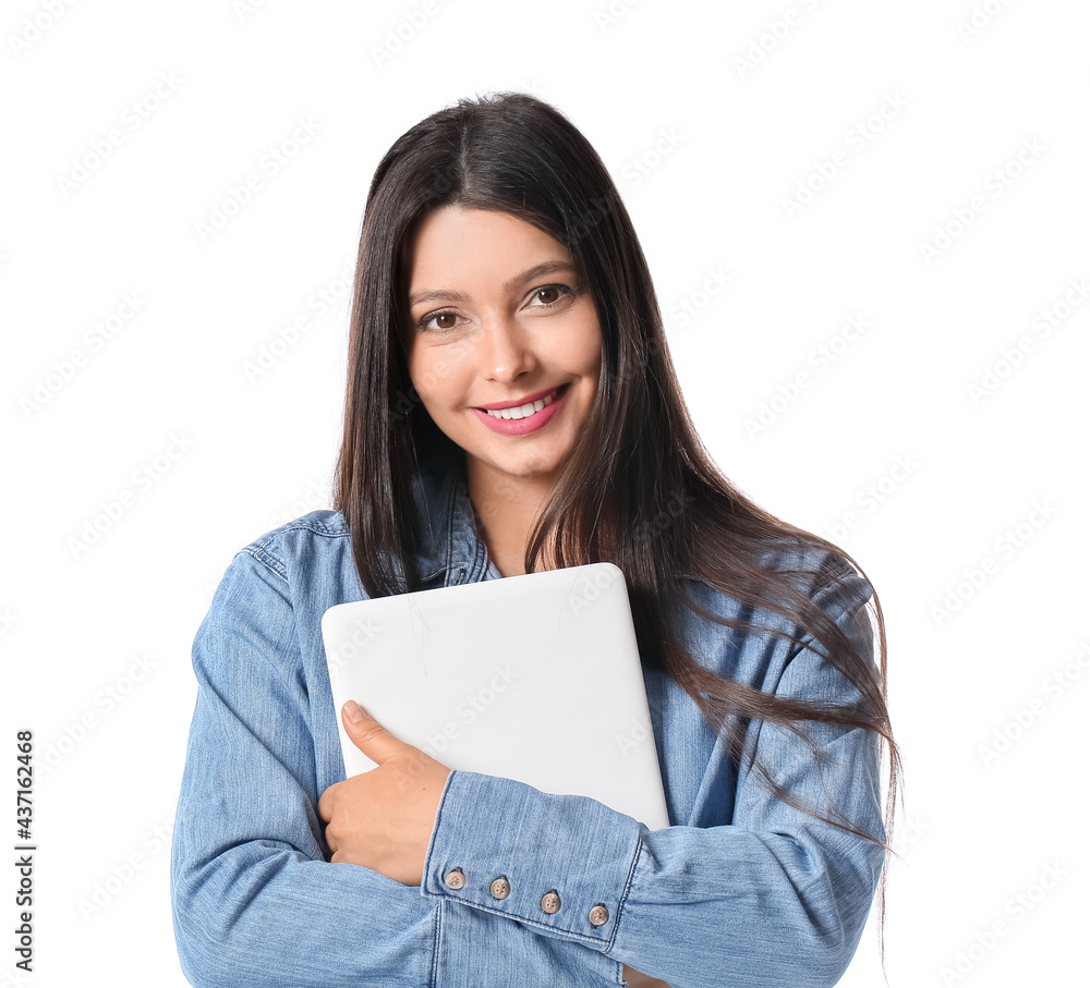 Young woman with laptop on white background Young woman with laptop on white background