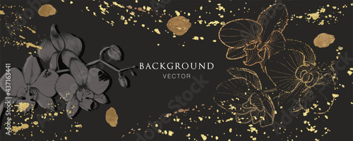 Orchids flower abstract wallpaper design with gold line arts, luxury background design for cover, invitation background, packaging design, fabric, and print. Vector illustration.