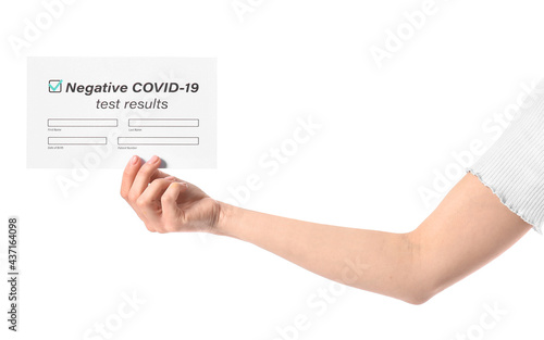 Hand of young woman with negative covid-19 test result on white background