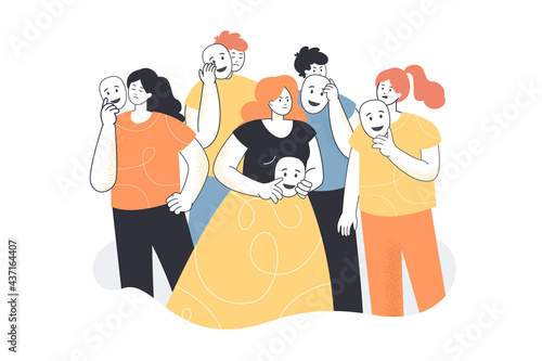 People faking emotions vector illustration. Depressed guys covering faces with masks. Personality, psycology, emotions concept for banner, website design