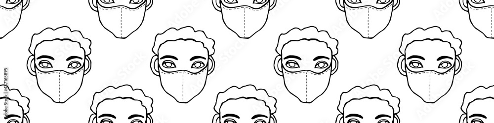Vector seamless pattern with outline of people wearing medical protective mask. Virus prevention measures. Coronavirus pandemic, epidemic disease. Hand drawn texture in cartoon style doodle Vector seamless pattern with outline of people wearing medical protective mask. Virus prevention measures. Coronavirus pandemic, epidemic disease. Hand drawn texture in cartoon style doodle