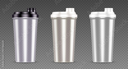 Plastic bottle for protein shake, sport drink and whey. Empty clear cups with black and white lids. Vector realistic set of 3d protein shakers for fitness nutrition isolated on transparent background