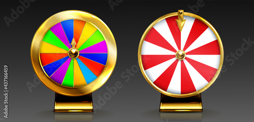 Golden wheel of fortune for lottery game or casino. Chance to win prize in lucky roulette. Vector realistic illustration of gold fortune wheel isolated on background