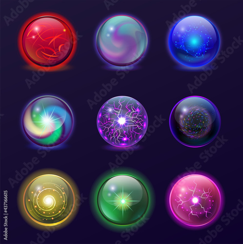 Magic balls illustration set. Energy mysterious globes, magical crystal glass prediction supernatural orbs. Bright set of colorful fortune telling balls in cartoon style for poster, banner designs