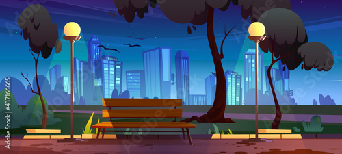 Night city park with bench summer scenery view with glowing street lamps and skyscrapers cityscape. Empty public place in darkness. Urban garden landscape with pathway, Cartoon vector illustration