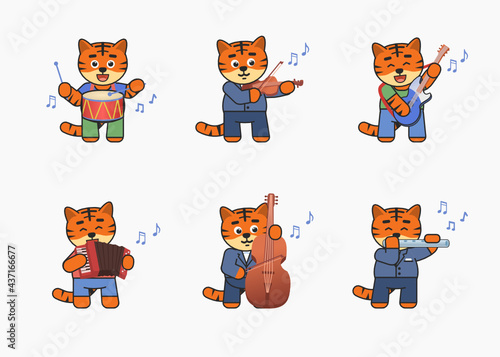 Set of tiger characters playing on various musical instruments. Cute tiger playing on drum, violin, guitar, accordion, double bass, flute. Vector illustration bundle