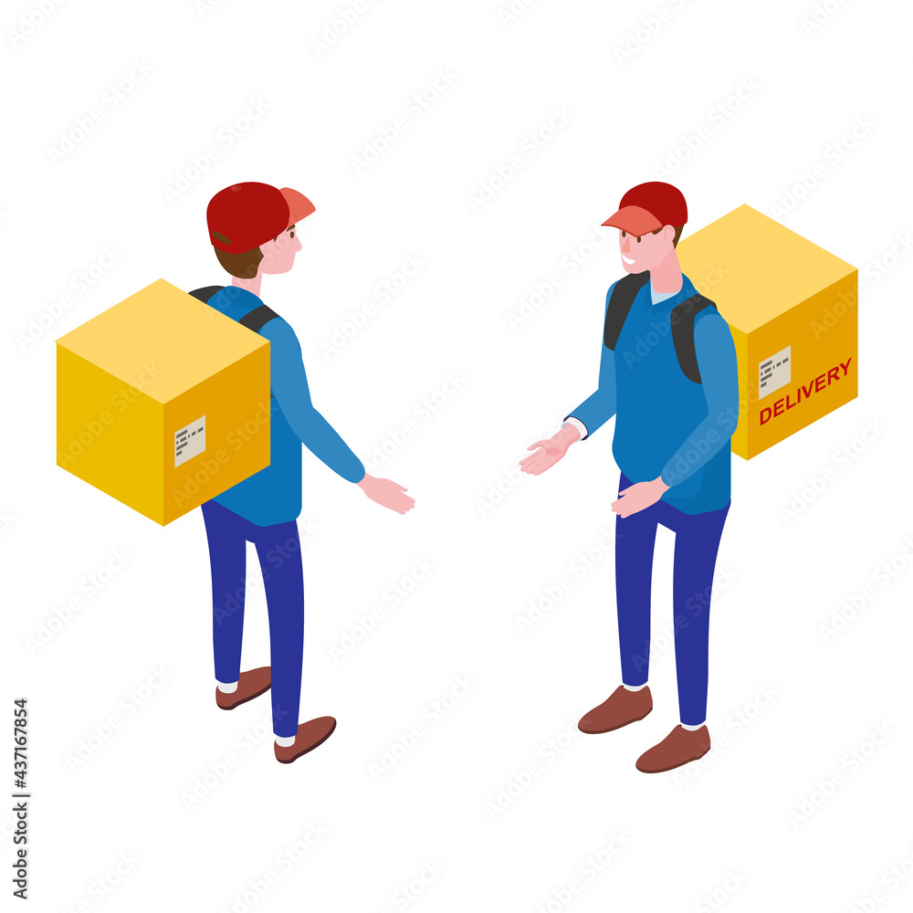 Obraz premium Courier with box, front view, back view. Delivery Service Isometric concept. Fast 24 7 shipping, online food order template banner. Vector illustration 3d isolated
