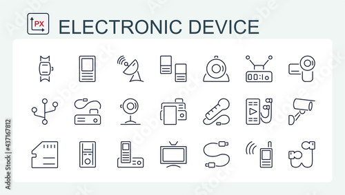 A set of vector illustrations, icons of electronic devices from a thin line. Video, surveillance, print, walkie-talkie, and computer electronics.