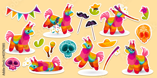 Set of stickers mexican donkey pinata, bat, sugar skulls and sombrero with maracas or cacti. Colorful toys with treats, mustaches on stick with flag garland, Dia de los Muertos Cartoon vector patches