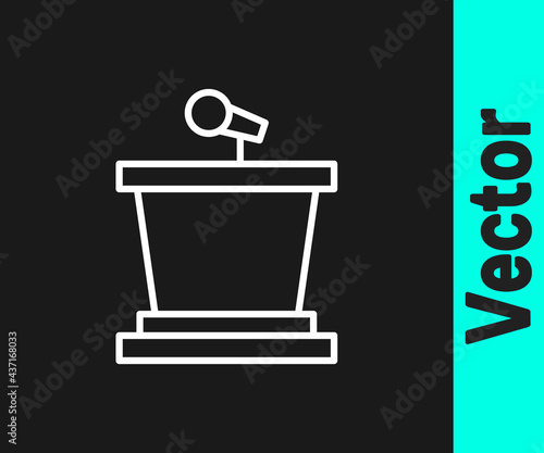 White line Stage stand or debate podium rostrum icon isolated on black background. Conference speech tribune. Vector