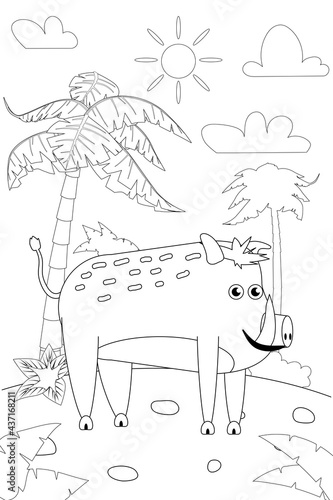 Jungle, Africa safari animal Boar coloring book edicational illustration for children. Vector white black cartoon outline illustration