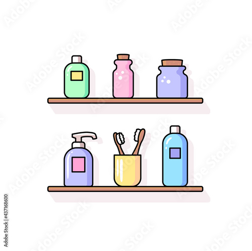 Bathroom accessories vector icon set Personal hygiene supplies Flat line outline trendy color design Sanitary care signs