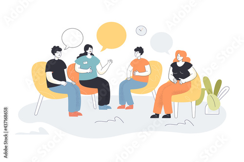 Group therapy vector illustration. Men and women sitting in circle talking about addiction problem with psychologist. Doctor counseling, group therapy session concept for banner, website design