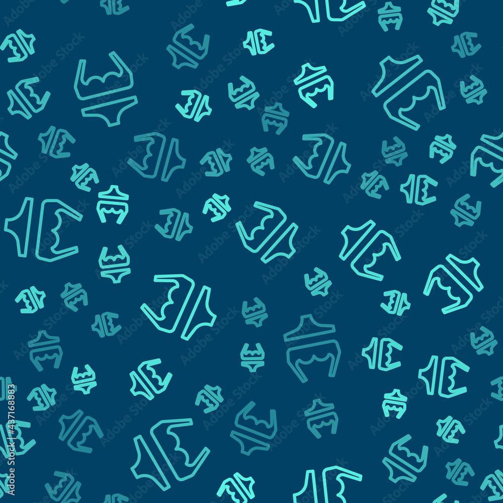 Green line Swimsuit icon isolated seamless pattern on blue background. Vector