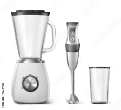 Hand blender, food processor and clear plastic glass. Electric kitchen machine for blend juice, soup and smoothie. Vector realistic set of 3d immersion mixer and empty transparent jar