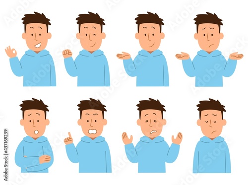 パーカーを着た若い男性の表情セット