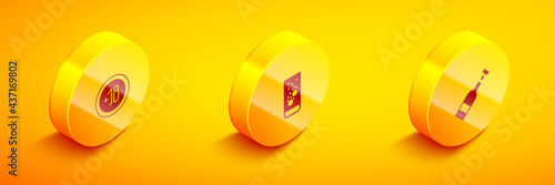 Set Isometric Alcohol 18 plus, Effervescent tablets in water and Opened bottle of wine icon. Vector