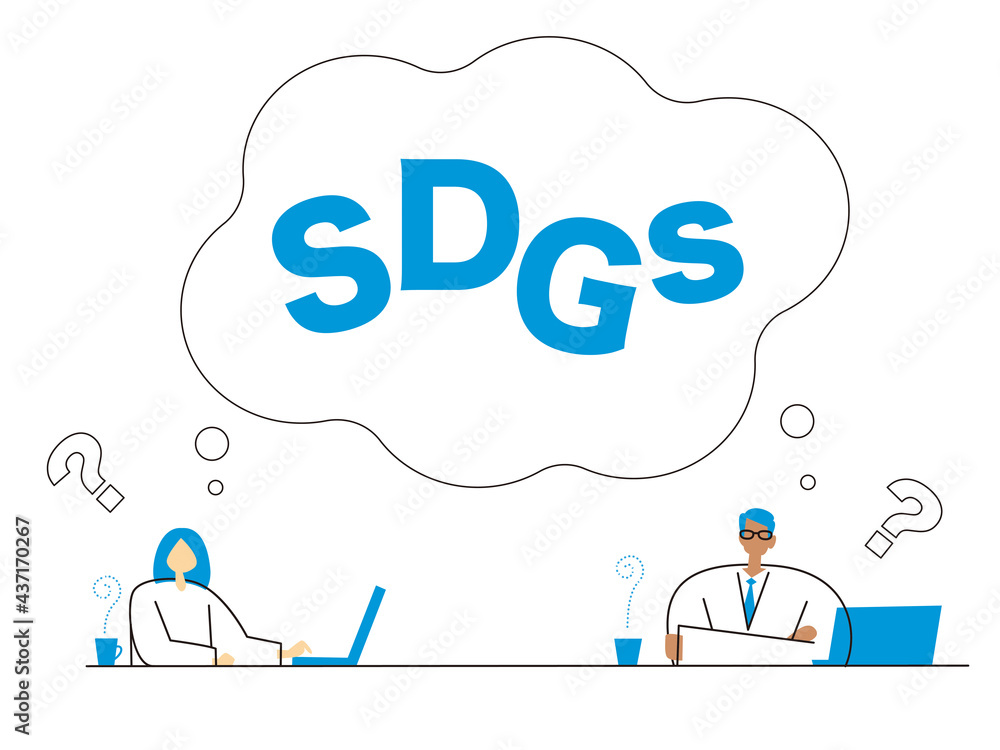 SDGsについて考える男性と女性のイラスト SDGsについて考える男性と女性のイラスト