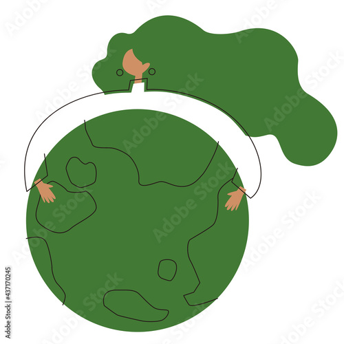 地球を抱きしめる女性のイラスト。環境保護のイメージ。