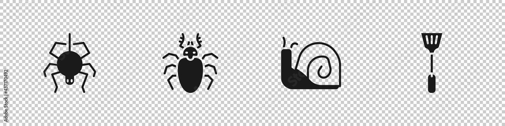 Set Spider, Beetle deer, Snail and Fly swatter icon. Vector Set Spider, Beetle deer, Snail and Fly swatter icon. Vector