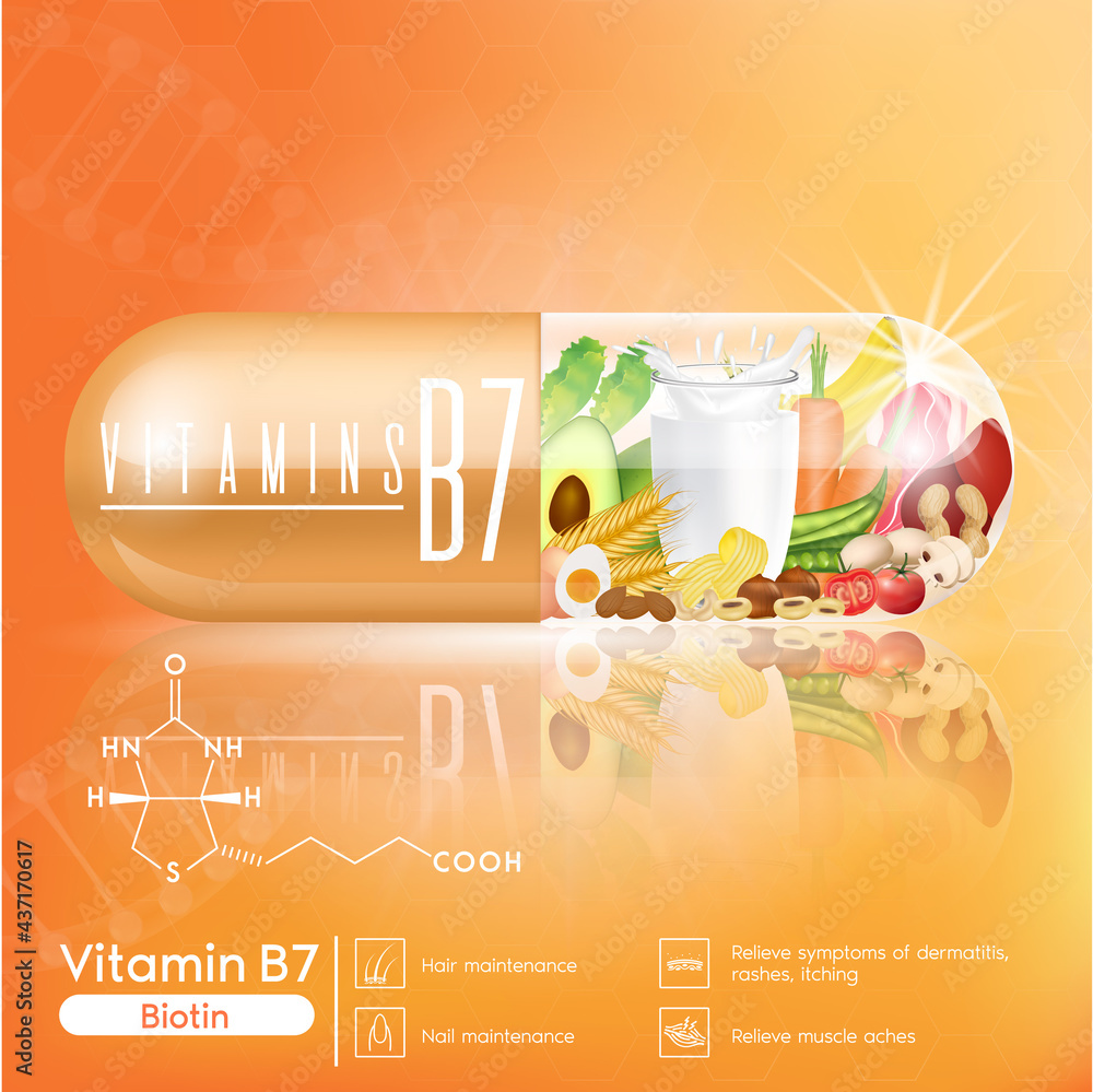 Capsule Vitamin B7 orange icons benefits and sources. Healthy food of vitamins fruits
