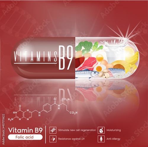 Capsules of Brown vitamin B9. Fish, meat and vegetable Stimulate new cell regeneration and Resistance against UV, memory and balance. Meds for health ads. 3D vector EPS10