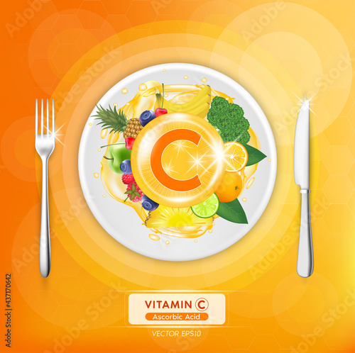Vitamin C orange icons benefits and sources. Healthy food of vitamins fruits, vegetables are placed on plates with knives and forks on the side, Top view. 3D Vector EPS10 illustration