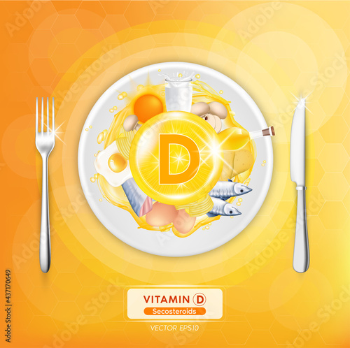 Vitamin D orange icons benefits and sources. Healthy food of vitamins fruits, vegetables are placed on plates with knives and forks on the side, Top view. 3D Vector EPS10 illustration