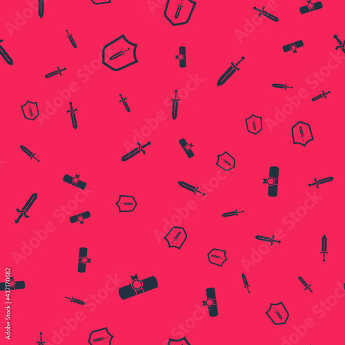 Set Decree, parchment, scroll, Medieval shield with sword, and on seamless pattern. Vector