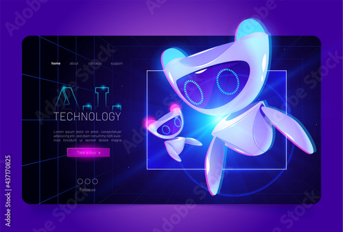 Technology cartoon web banner, artificial intelligence robot at neon glowing hud technological background with infinity symbol. Futuristic ai cyborg droid, robotics and automation Vector landing page