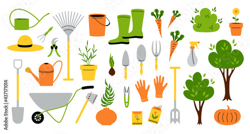 Garden tools. Cartoon instruments and supplies for soil work, shovel gloves rake pruner seeds and plants. Vector garden work isolated set