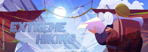 Extreme hiking cartoon banner. Traveler man with map at mountains, travel adventure header. Tourist with backpack stand at rocky landscape look on suspended bridge over high peaks vector web banner