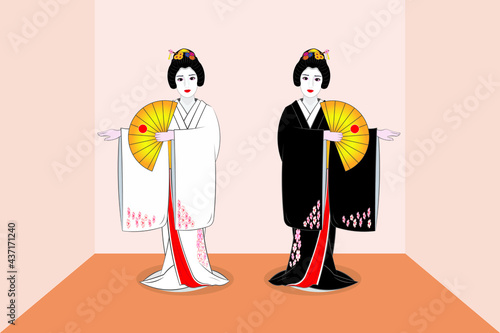 Japan traditional geisha or maiko drawing with two cute lady or teen dress in black and white kimono – dance with Japanese folding  fan drawing in vector