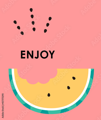 食べかけの黄色いスイカと弾ける種のイラストと文字（ENJOY）