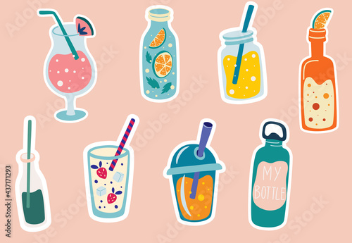 Summer drinks stickers. Cocktail, lemonade, soda, smoothies in cute bottles. Tropical party elements. Summer labels, stickers, icons, logo set. Design for cards, posters, or parties. Vector