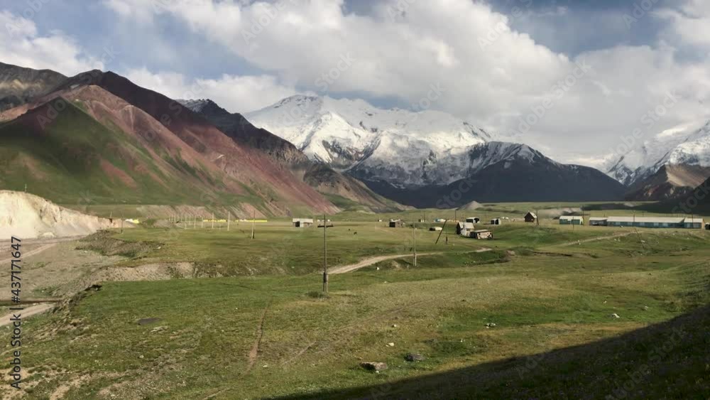 Lenin Peak basecamp with the mountain range in the background covered in clouds and the base camps near the Lenin Peak basecamp with the mountain range in the background covered in clouds and the base camps near the