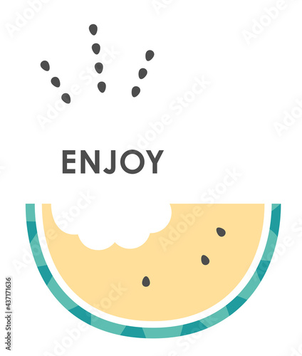 パステルカラーの食べかけの黄色いスイカと弾ける種のイラストと文字（ENJOY）