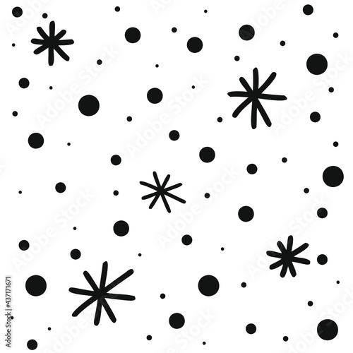 Vector Doodle illustration snowflakes in different shapes and forms. Snow flakes, snow background. Seamless pattern of Christmas snow. Seamless pattern for winter and christmas theme.