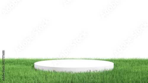 3D Rendering of white podium and green grass field isolated on white background. For organic, environmental care products,  pedestal show case.