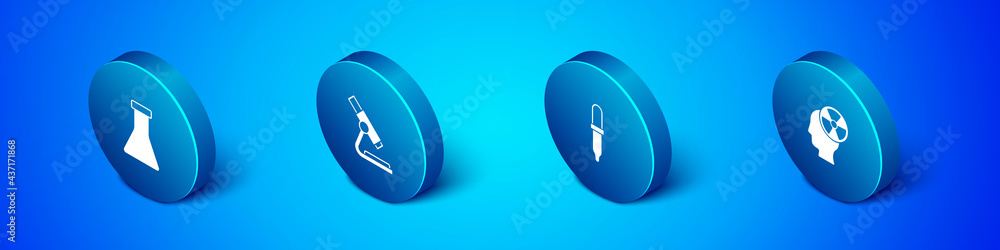 Set Isometric Test tube and flask, Pipette, Head radiation symbol and Microscope icon. Vector Set Isometric Test tube and flask, Pipette, Head radiation symbol and Microscope icon. Vector