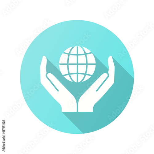 Globe in hands icon with long shadow for graphic and web design.