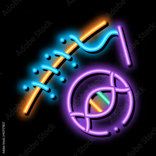 Surgery Medical Stitches Biomaterial neon light sign vector. Glowing bright icon transparent symbol illustration