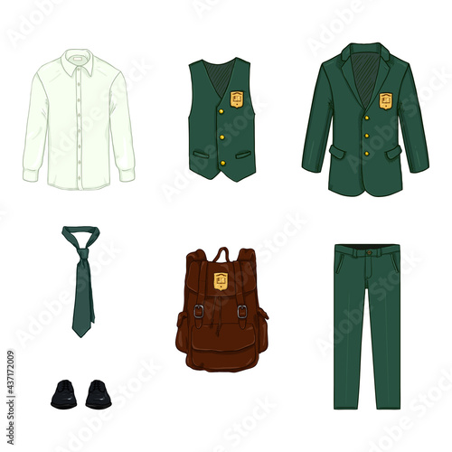 Vector Cartoon Set of School Uniform Clothes and Accessories.